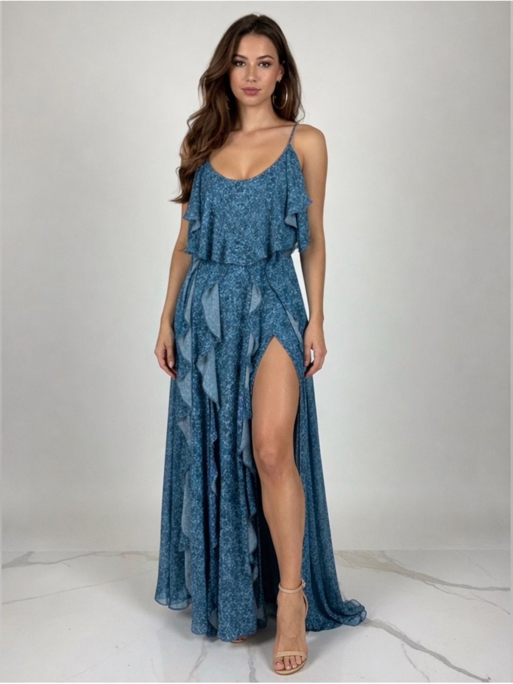 AMUR NWT Blue Floral Sleeveless Ruffle Maxi Gown Formal Wedding Guest Dress
